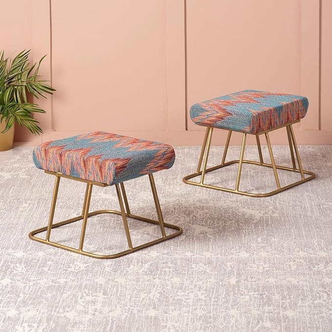 Ottoman Stool for Living Room Set of 2 Stool for Sitting |Metallic Ottoman Stool for Bedroom pouffes Side Table (14.5 inch Blue Zigzag)