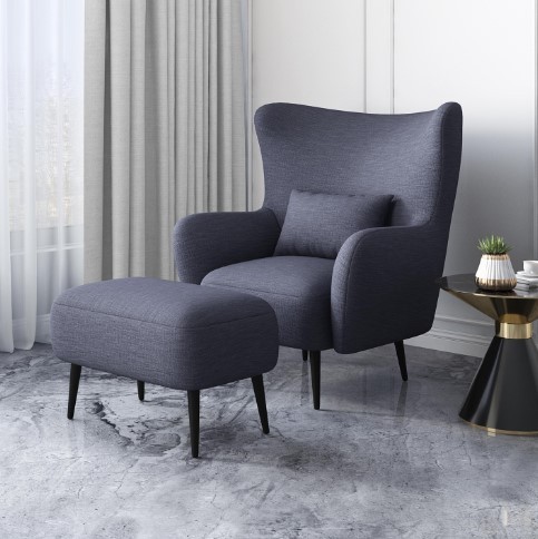 Fabric Lounge Chair In Smoke Blue with Foot Stool