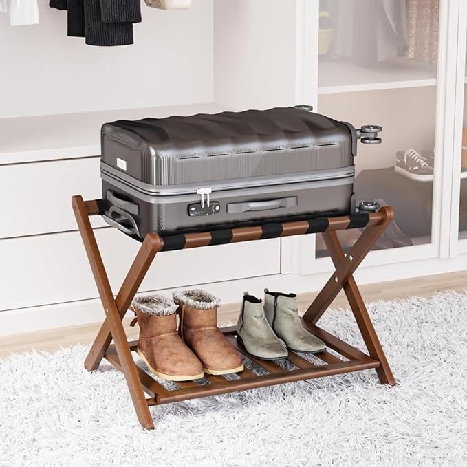 Fully Assembled Walnut Bamboo Luggage Rack with Shoe Shelf, Folding Suitcase Stand with 5 Heavy-Duty Straps